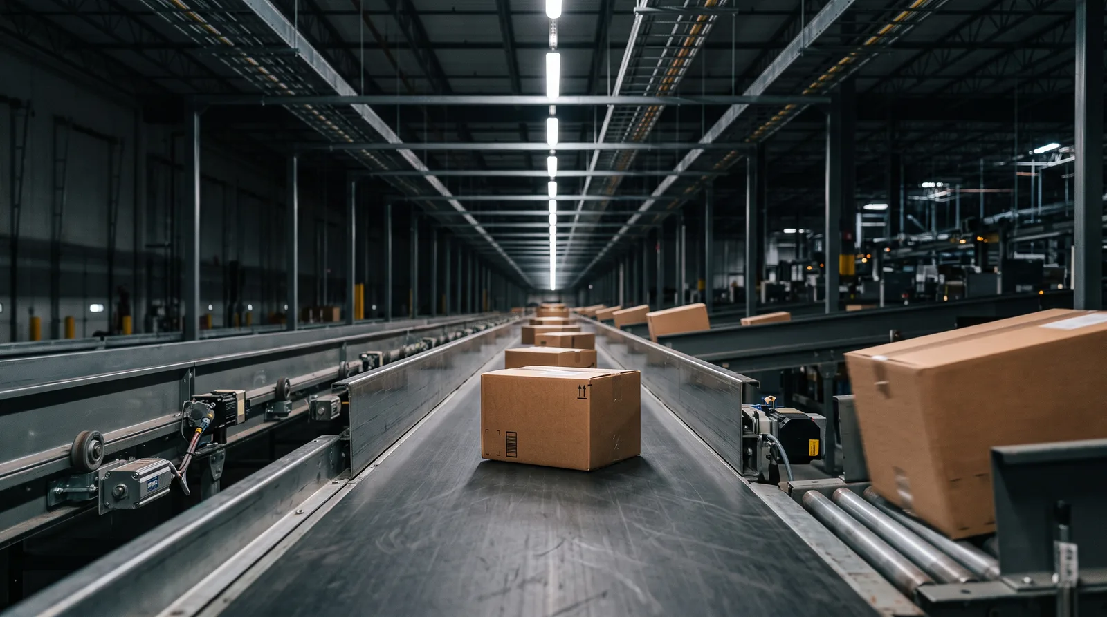 KI-generierte Illustration: Pakete auf einer Sortieranlage in einer Logistikhalle.