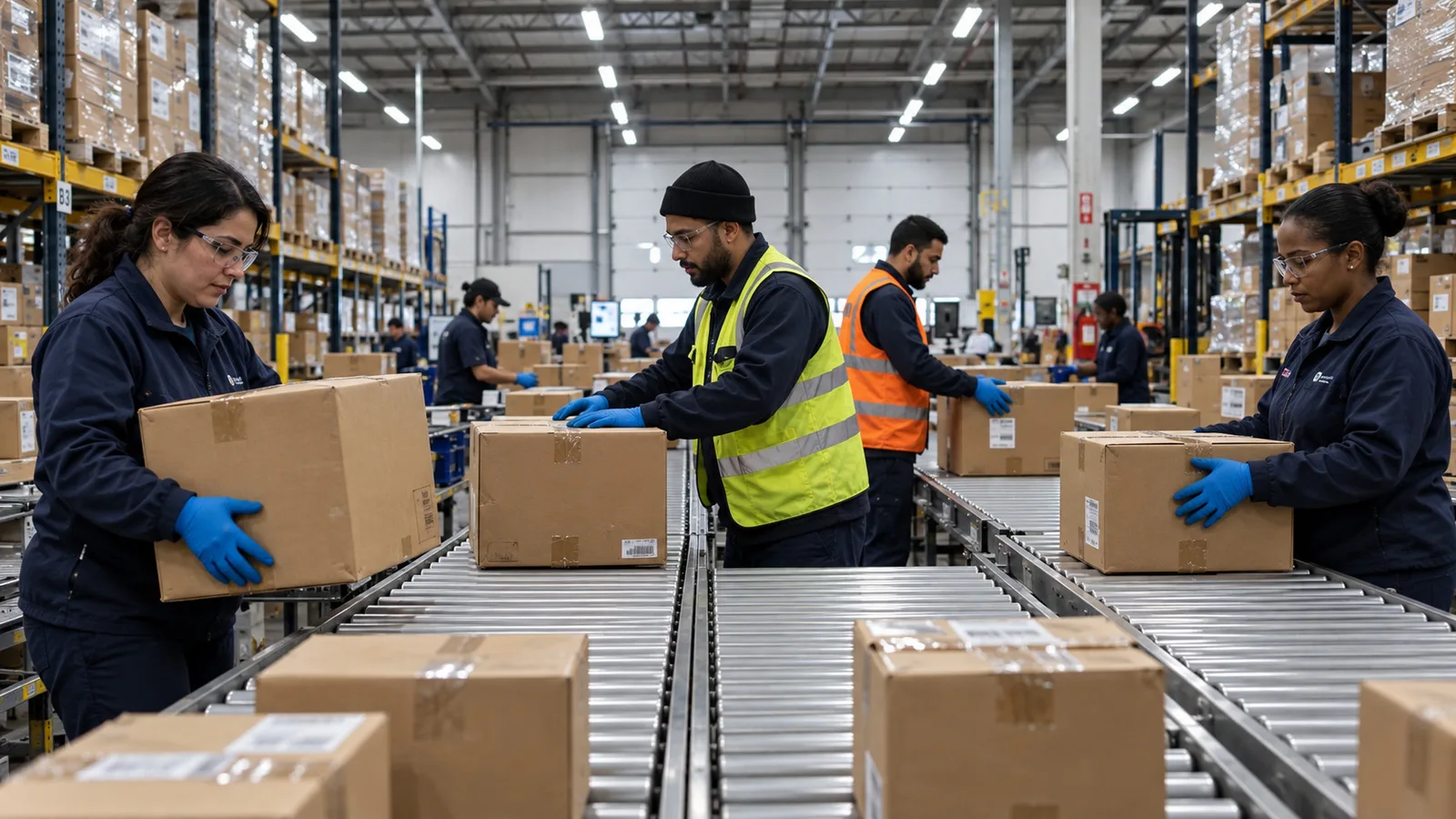 KI-generierte Illustration: Zusammenarbeit beim Sortieren und Verpacken von Paketen.
